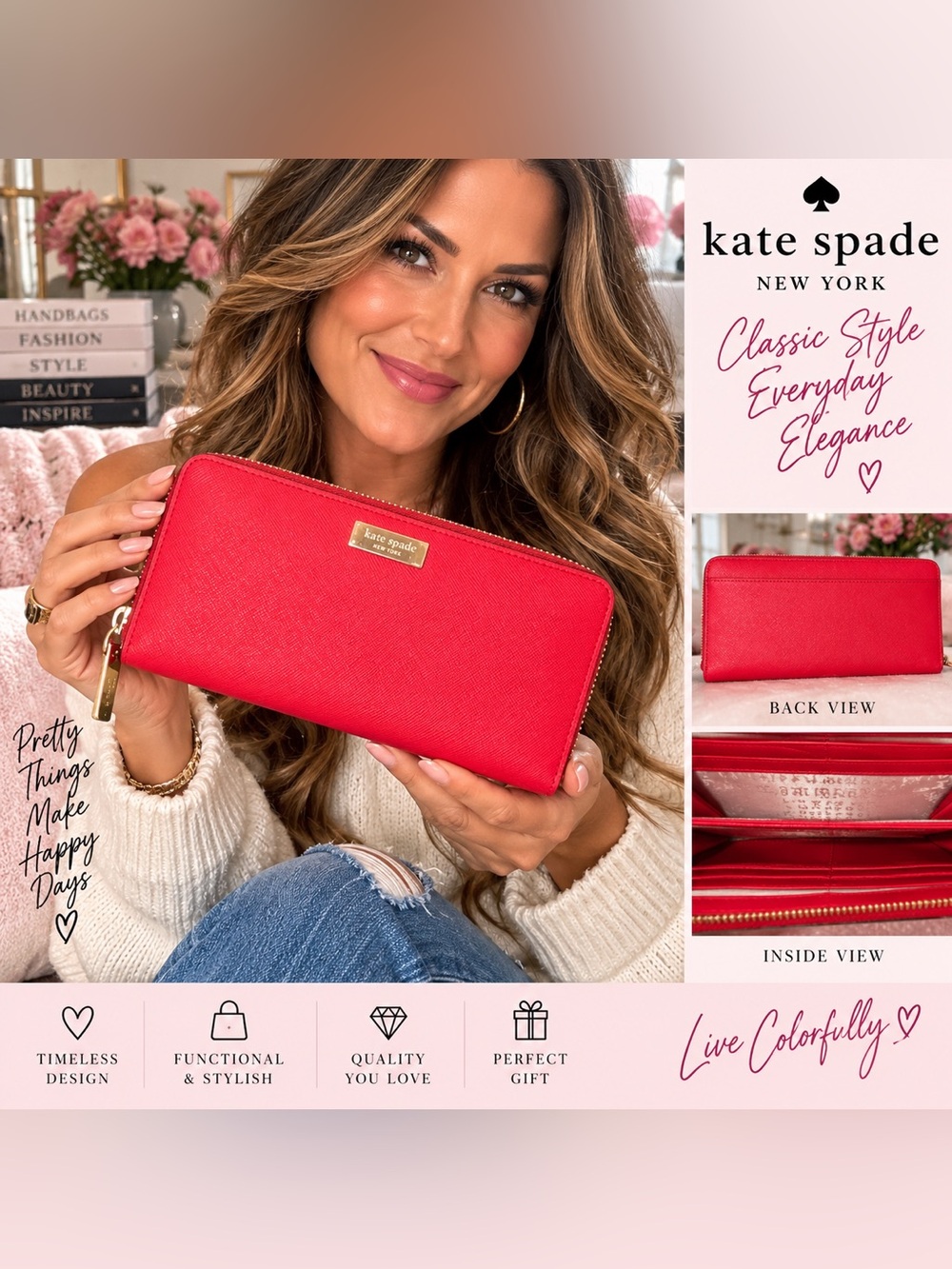 kate spade red zip-around leather wallet with gold logo plaque